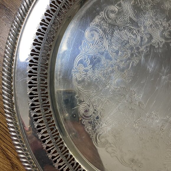 Wm ROGERS Silverplate Lazy Susan & Serving Gallery Tray Cocktail Bar Buffet - Picture 10 of 11